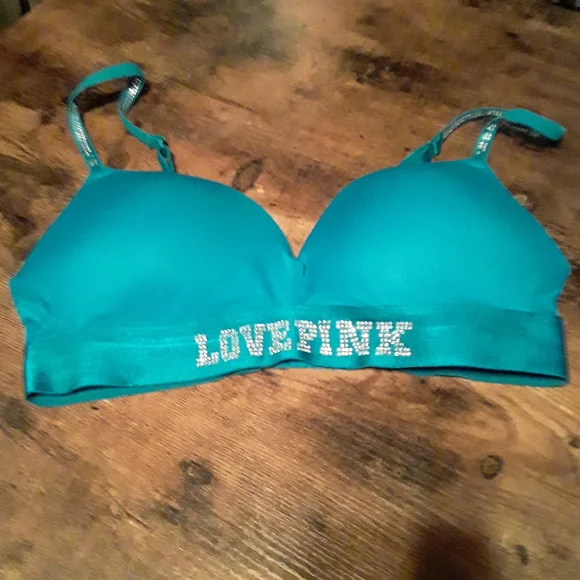 Pink VICTORIA'S SECRET teal W/ Pink Bling 38B Padded underwire Gorgeous Push Up - Picture 1 of 13